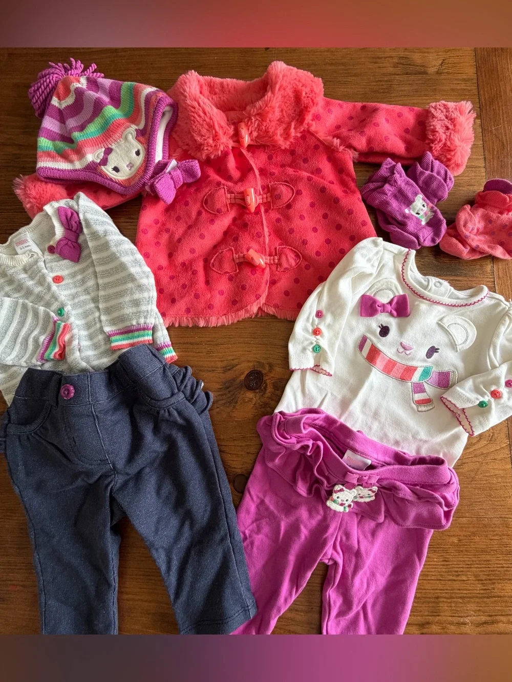 Gymboree 7 Pc Set Pink and Purple Girls 0-3 months Coat, Tops, Pants, Hat